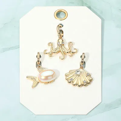 Fashnzfab 3pcs - Pearl Accent Fish Seashell Octopus Pendant Charm Set - Gold In Gold