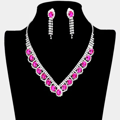 Fashnzfab Oval Stone Accented V Shaped Rhinestone Necklace Clip On Earring Set In Pink