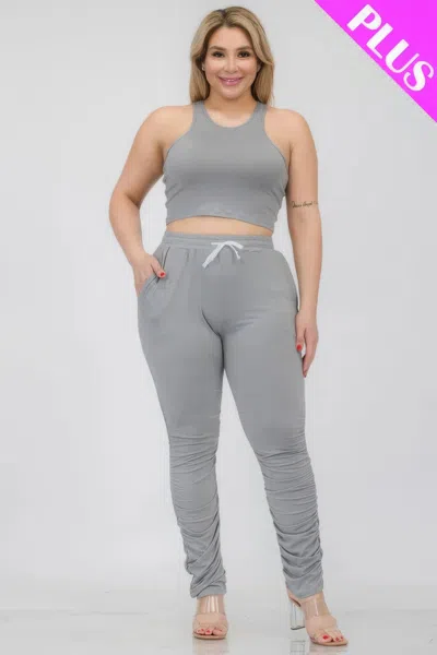 Truedames Plus Size Crop Tank Top & Ruched Pants Set In Multi