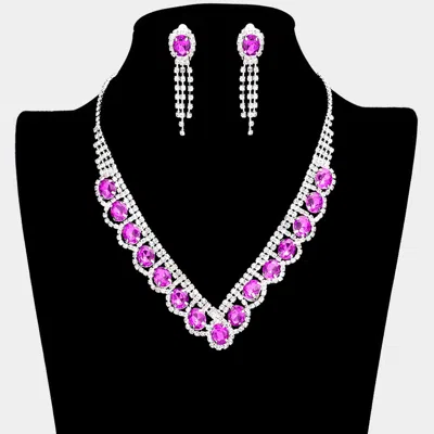 Fashnzfab Oval Stone Accented V Shaped Rhinestone Necklace Clip On Earring Set In Purple
