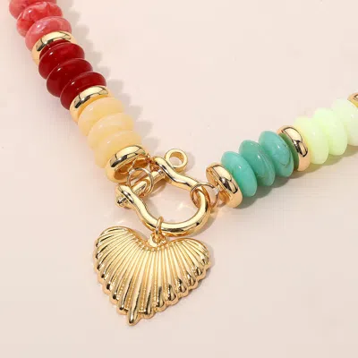 Fashnzfab Textured Metal Heart Carabiner Pendant Colorful Chunky Beaded Statement Necklace In Multi
