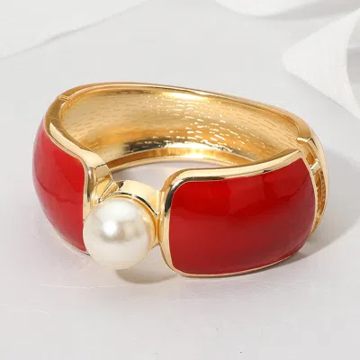 Fashnzfab Bold Central Pearl Accent Wide Enamel Hinged Bangle Bracelet In Multi