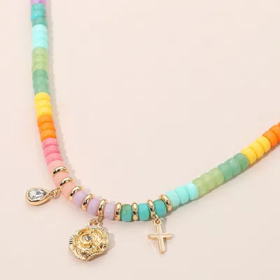Fashnzfab Flower Cross Teardrop Stone Cluster Charm Multi Color Beaded Necklace In Multi
