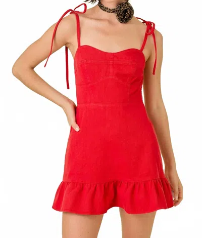 Day + Moon Denim Mini Dress With Ties In Red In Red