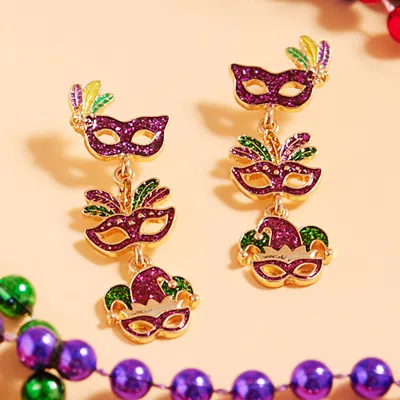 Fashnzfab Glittered Enamel Mardi Gras Mask Link Dropdown Dangle Earrings - Gold In Gold