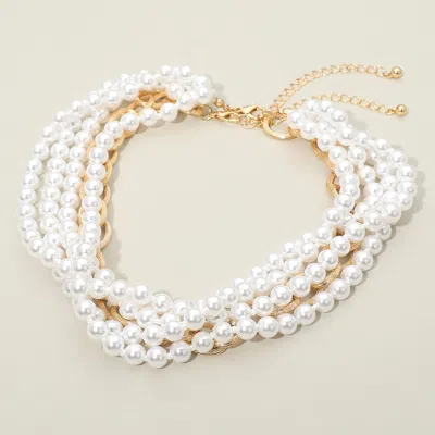 Fashnzfab 2pcs - Chunky Textured Metal Link Multi Layered Pearl Strand Necklaces In White