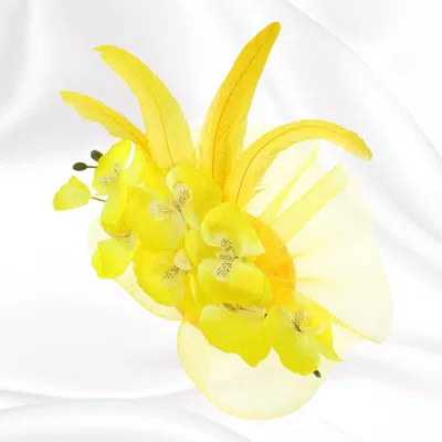 Fashnzfab Feather Accent Mesh Floral Fascinator Hair Clip Headband In Yellow