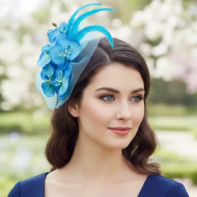 Fashnzfab Feather Accent Mesh Floral Fascinator Hair Clip Headband In Blue