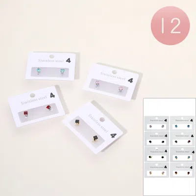 Fashnzfab 12pairs - Stainless Steel 0.5mm Square Stone Stud Earrings - Assorted In Multi