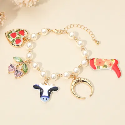Fashnzfab Secret Box_western Steerhead Cow Heart Cowboy Boot Cherry Charm Station Pearl Link Bracelet Gold In Gold