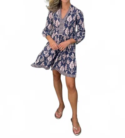 La Plage Alison Long Sleeve Mini Dress In Leaves Navy In Animal Print