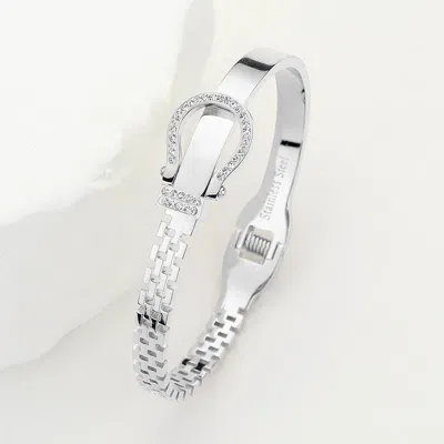 Fashnzfab Stainless Steel Rhinestone Embellished Belt Buckle Hinged Bangle Bracelet In Silver