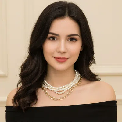 Fashnzfab 2pcs - Chunky Textured Metal Link Multi Layered Pearl Strand Necklaces In White
