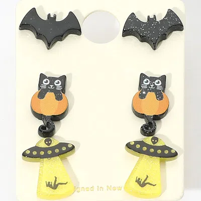 Fashnzfab 3pairs - Halloween Themed Bat Black Cat Ufo Stud Earring Set - Multi In Multi