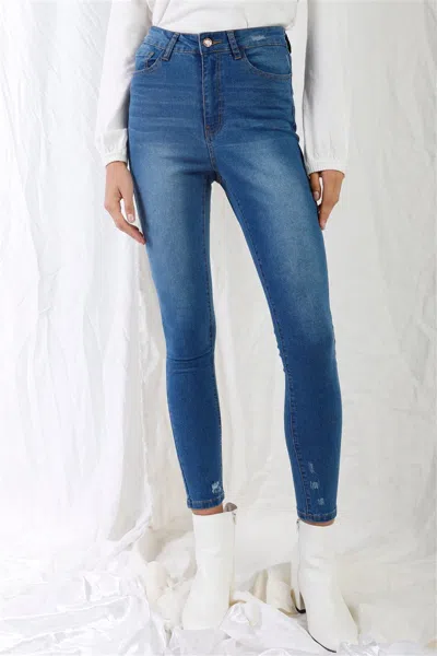 Truedames Mid Blue High-waisted With Rips Skinny Denim Jeans In Blue