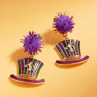 Fashnzfab Glitter Enamel Mardi Gras Hat Dangle Pom Earrings - Multi In Multi