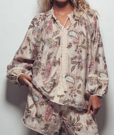 Urban Daizy Embroidered Boho Paisley Blouse Top In Cream In Brown