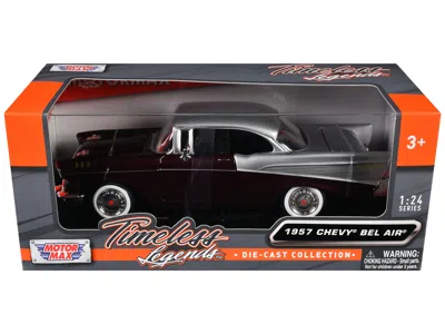 Motormax 1957 Chevrolet Bel Air Burdy Metallic And Silver Metallic "timeless Legends" Series 1/24 Diecast Mod In Multi