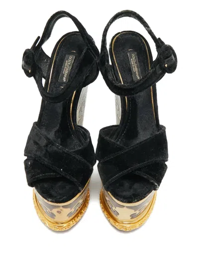 Pre-owned Dolce & Gabbana Velvet Wedge Sandals In Blue