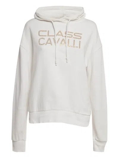 Pre-owned Cavalli Class Studded-logo Hoodie In White