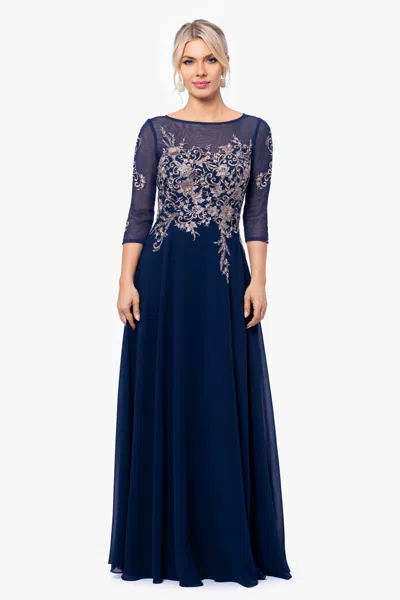 Betsy & Adam Petites Womens Embroidered Midi Evening Dress In Blue