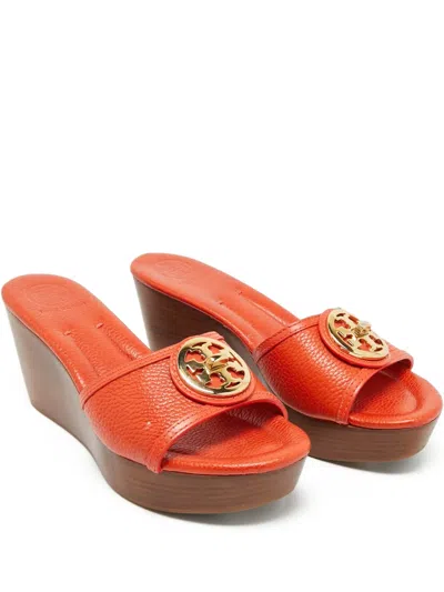 Pre-owned Tory Burch Selma Leather Wedge Sandals In Orange