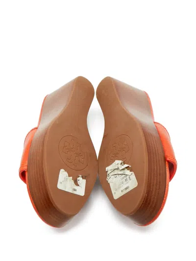 Pre-owned Tory Burch Selma Leather Wedge Sandals In Orange
