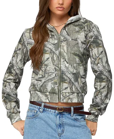 Edikted Tayler Camo Zip Up Hoodie In Green
