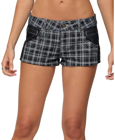 Edikted Carie Plaid Low Rise Denim Shorts In Black