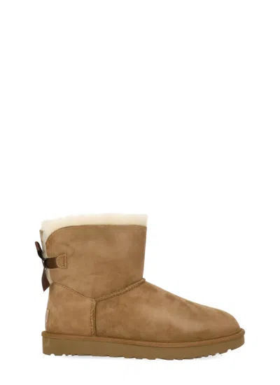 Ugg Camel Suede Mini Bailey Bow Ankle Boots In Brown