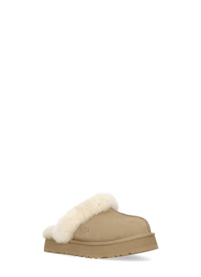 Ugg Disquette Beige Mule With Fur And Logo On Back In Suede Woman In Brown