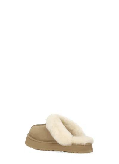 Ugg Disquette Beige Mule With Fur And Logo On Back In Suede Woman In Brown
