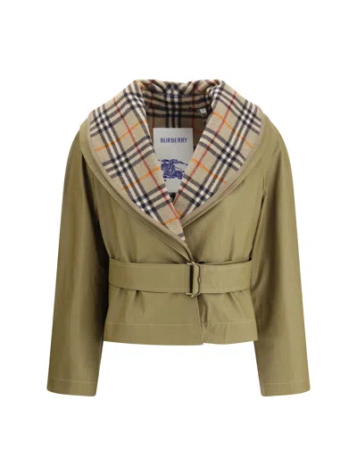 Burberry Cropped Cotton Jacket With Check Quilting In Green