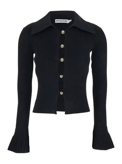 Self-portrait Ribbed-knit Cardigan In Black