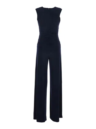 Norma Kamali Sleeveless V Neck Shirred Waist Jumpsuit In Blue