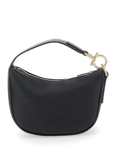 Ferragamo Black Handbag With Top Handle With Gancini And Embossed Logo Lettering On The Front In Grained Leath In Black