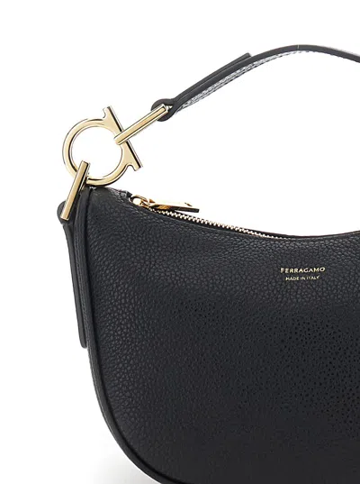 Ferragamo Black Handbag With Top Handle With Gancini And Embossed Logo Lettering On The Front In Grained Leath In Black