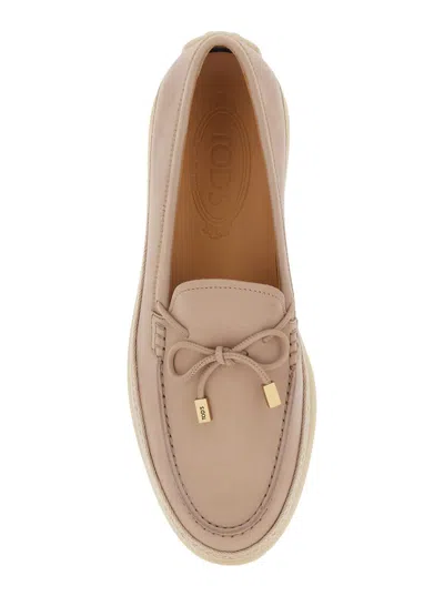 Tod's Pink Loafers With Bow Detail And Rope Tirm In Leather Woman In Pink
