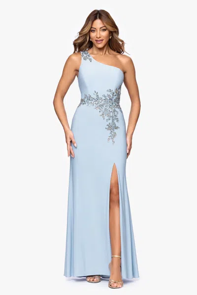 Xscape Evenings "teresa" Jersey Knit One Shoulder Applique Floor Length Dress In Black