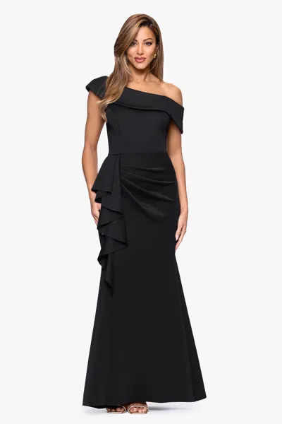 Xscape Evenings Ruffle One-shoulder Scuba Knit Gown In Black