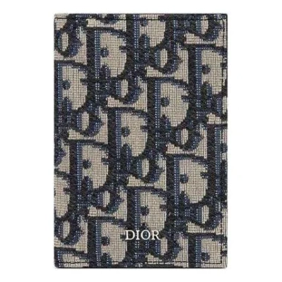 Dior Bi-fold Card Holder 'beige Black Oblique Jacquard' In Blue