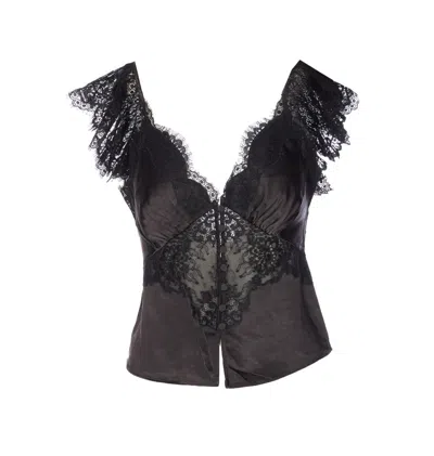 Self-portrait Satin Lace Top In Black