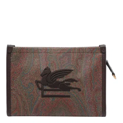 Etro Arnica Brown Clutch With Embroidered Logo On The Front And All-over Motif In Cotton Blend Woman In Brown