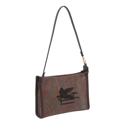 Etro Arnica Brown Clutch With Embroidered Logo On The Front And All-over Motif In Cotton Blend Woman In Brown