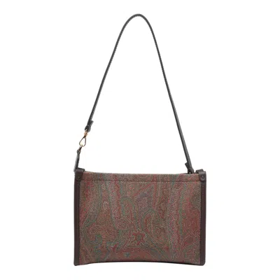 Etro Arnica Brown Clutch With Embroidered Logo On The Front And All-over Motif In Cotton Blend Woman In Brown