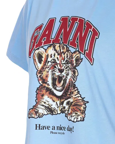Ganni Cotton Jersey T-shirt With Tiger Print In Blue