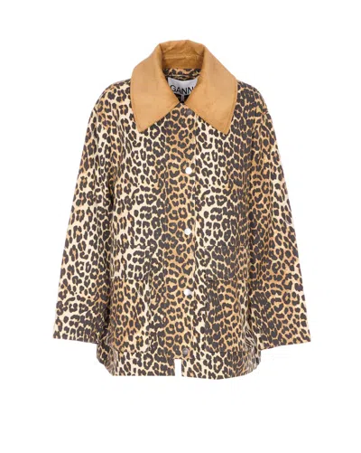 Ganni Leopard Printed Canvas Midi Puffer Jackets Brown In Brown