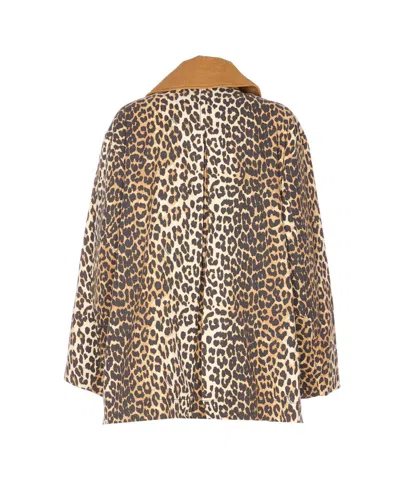 Ganni Leopard Printed Canvas Midi Puffer Jackets Brown In Brown