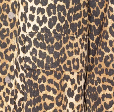 Ganni Leopard Printed Canvas Midi Puffer Jackets Brown In Brown