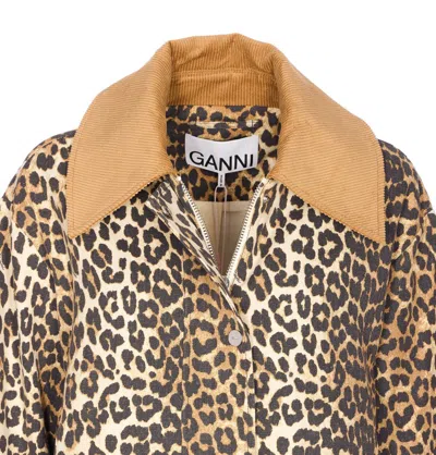 Ganni Leopard Printed Canvas Midi Puffer Jackets Brown In Brown